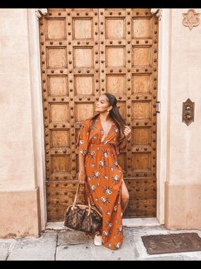 Rust Floral Wrap Summer Maxi Dress